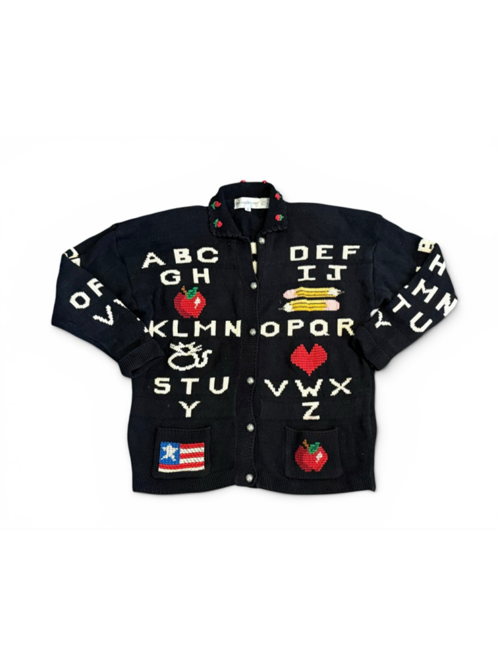 Vtg 80s Eagle’s Eye Women’s ABC Alphabet Teacher Cardigan Sweater Sz M Knit